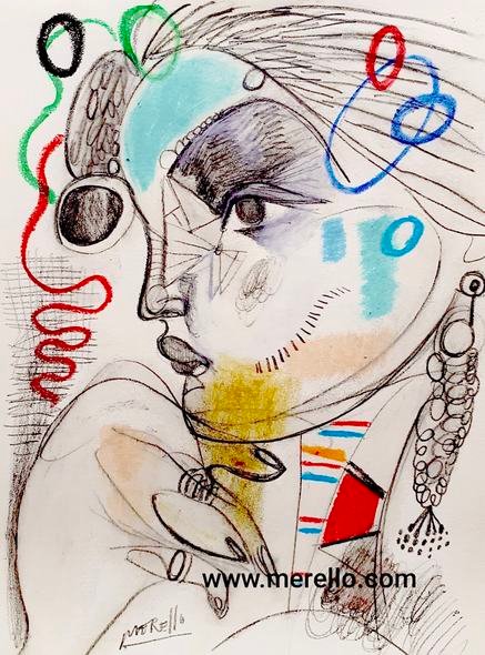CONTEMPORARY ART PAINTERS-José Manuel Merello.- Mujer pensativa. Mix media on paper