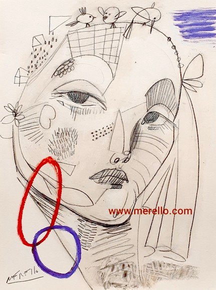 CONTEMPORARY ART PAINTERS-Merello.- Mujer y pajaritos Pencil on paper